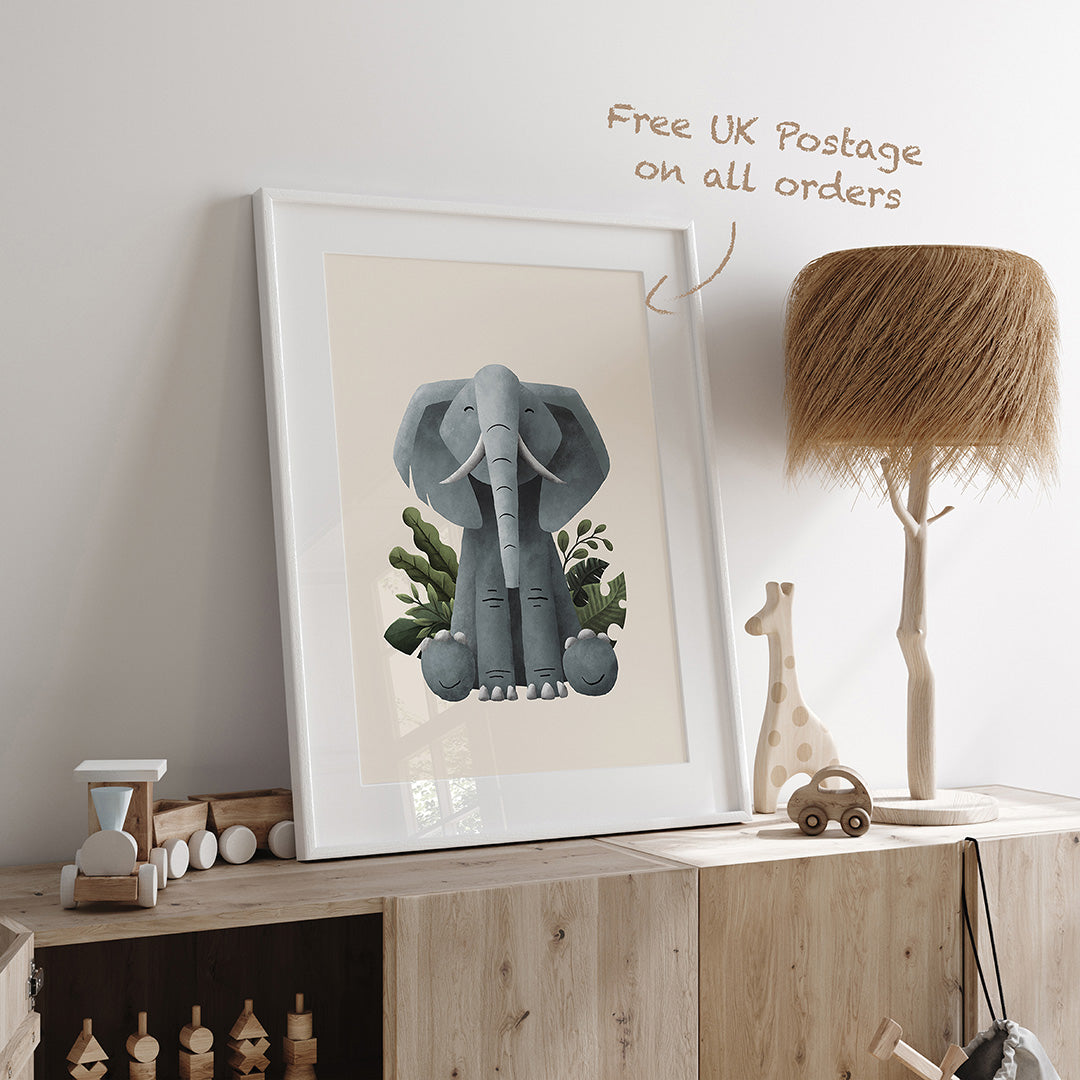 Scandi Elephant Safari Nursery Print