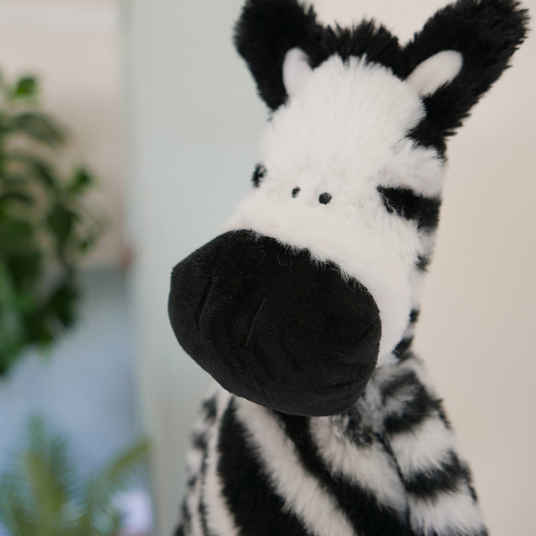 close up of zebra plush toy