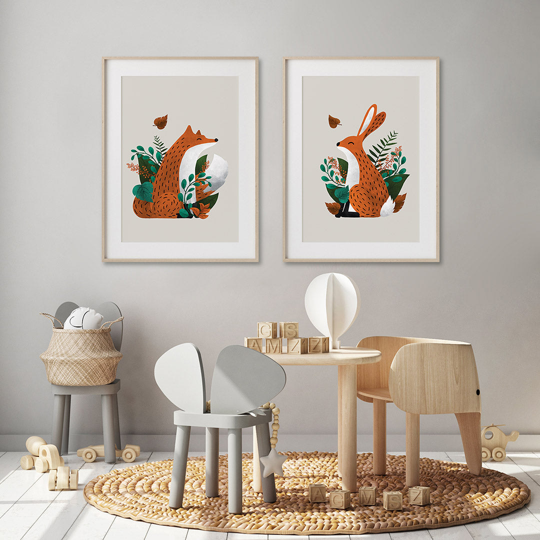 Neutral Fox & Hare Scandi Woodland Animals Nursery Prints Set of 2