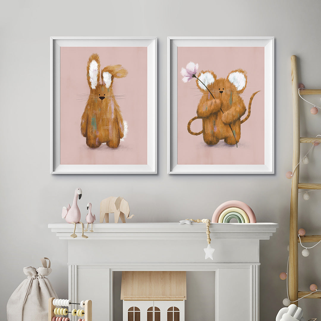 Pink Bunny Mouse Woodland Nursery Prints Set of - Main Image