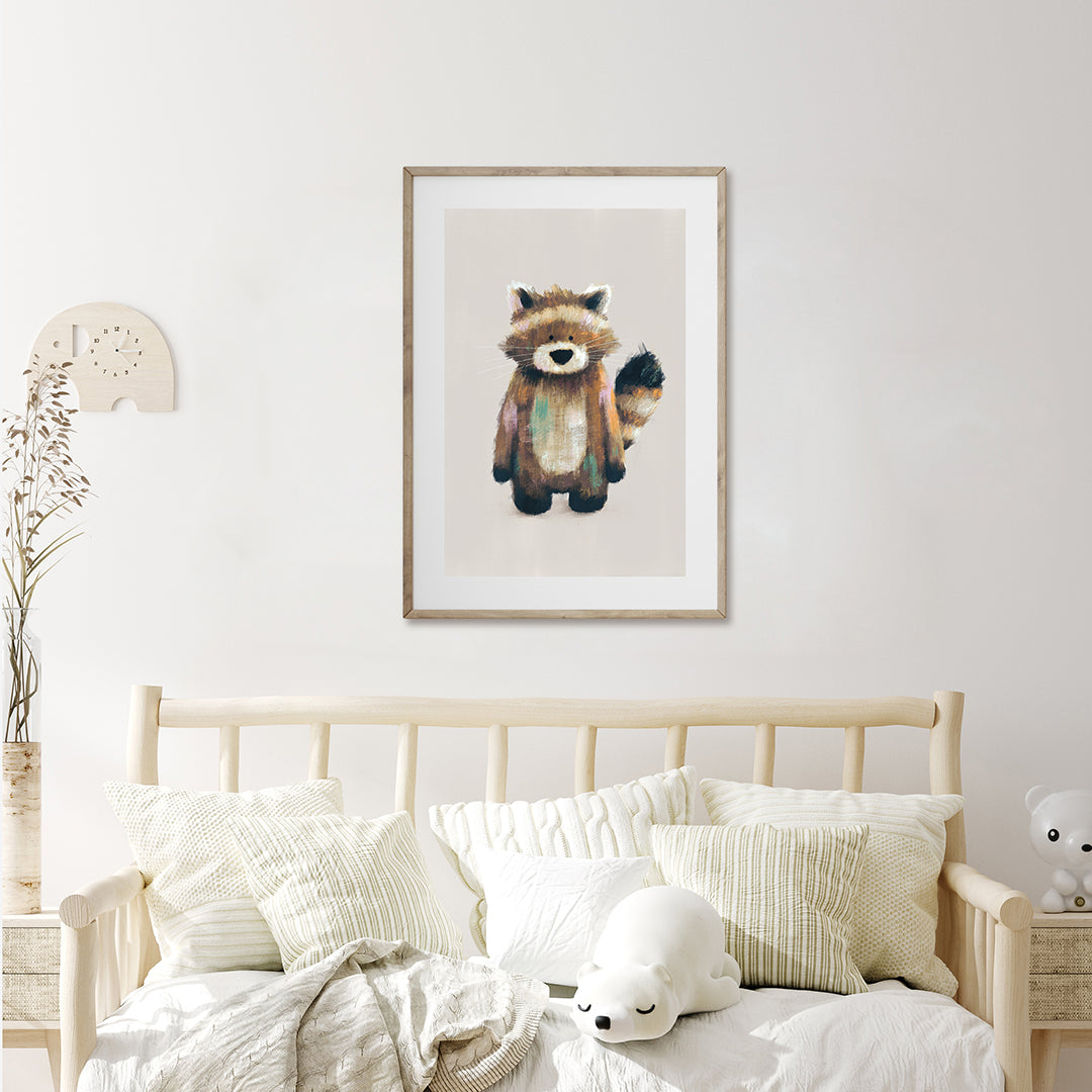 Neutral Racoon Woodland Nursery Print