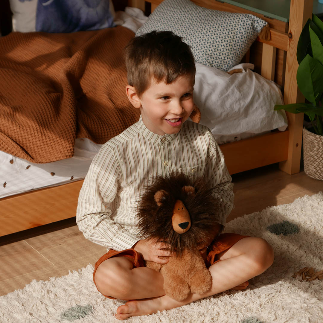 Child holding lion teddy