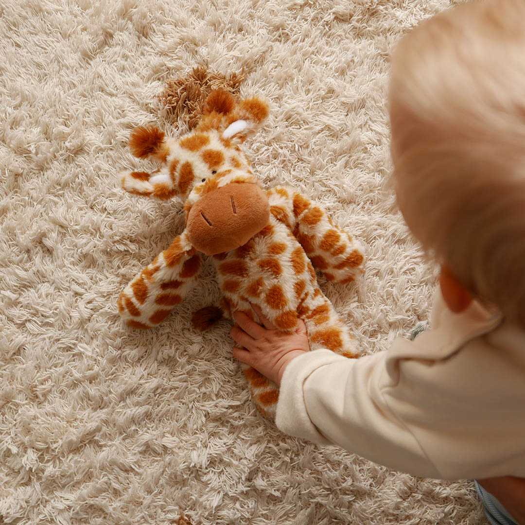 Baby playing with cute giraffe soft toy