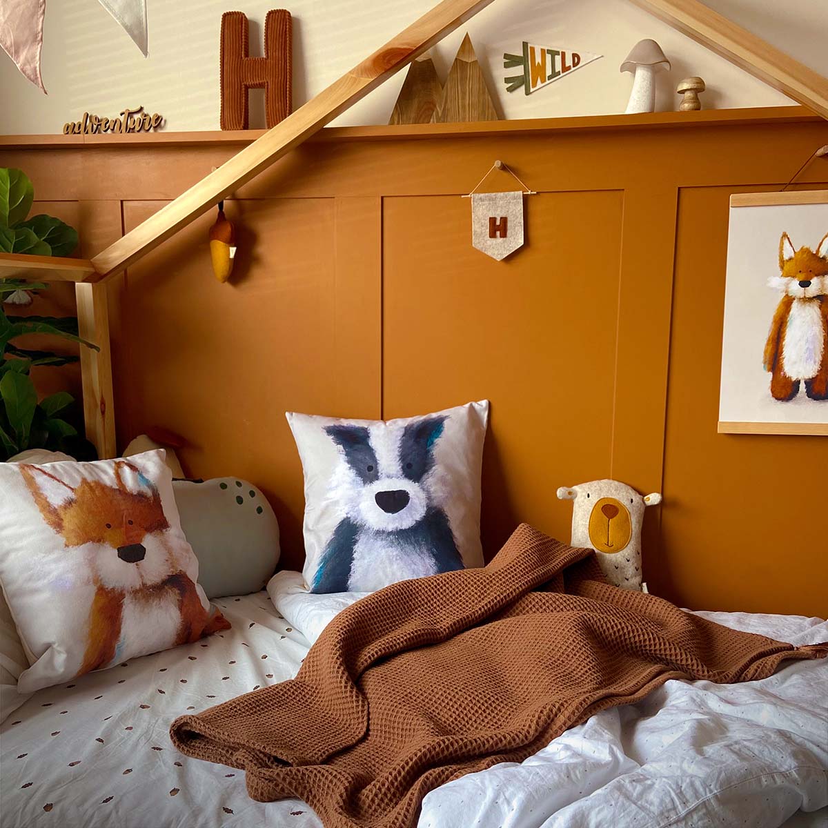 Beautiful children's nursery cushions including a fox nursery cushion, a badger nursery cushion and a fox nursery print