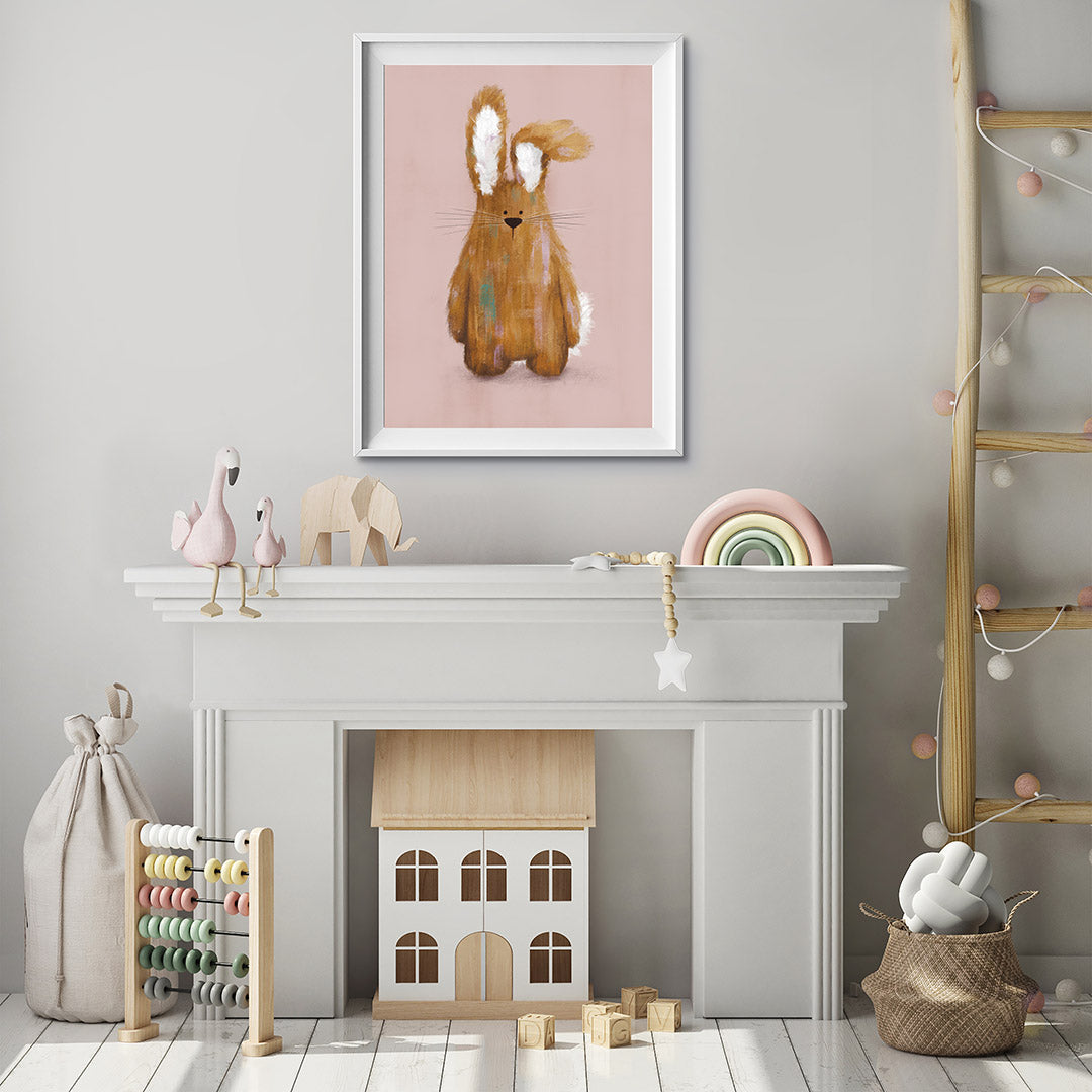 Pink Woodland Bunny Nursery Print