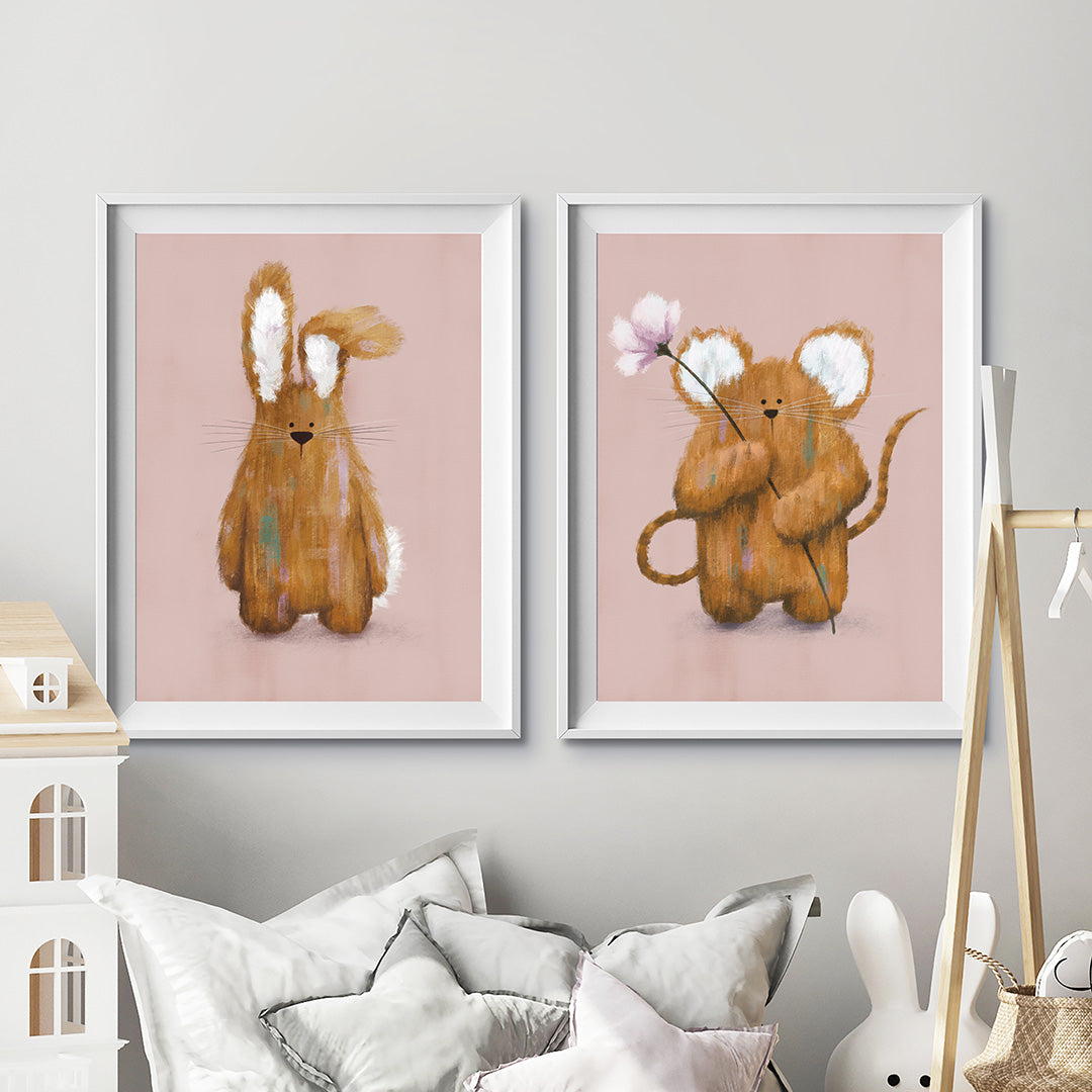 Pink Bunny & Mouse Woodland Nursery Prints Set of 2